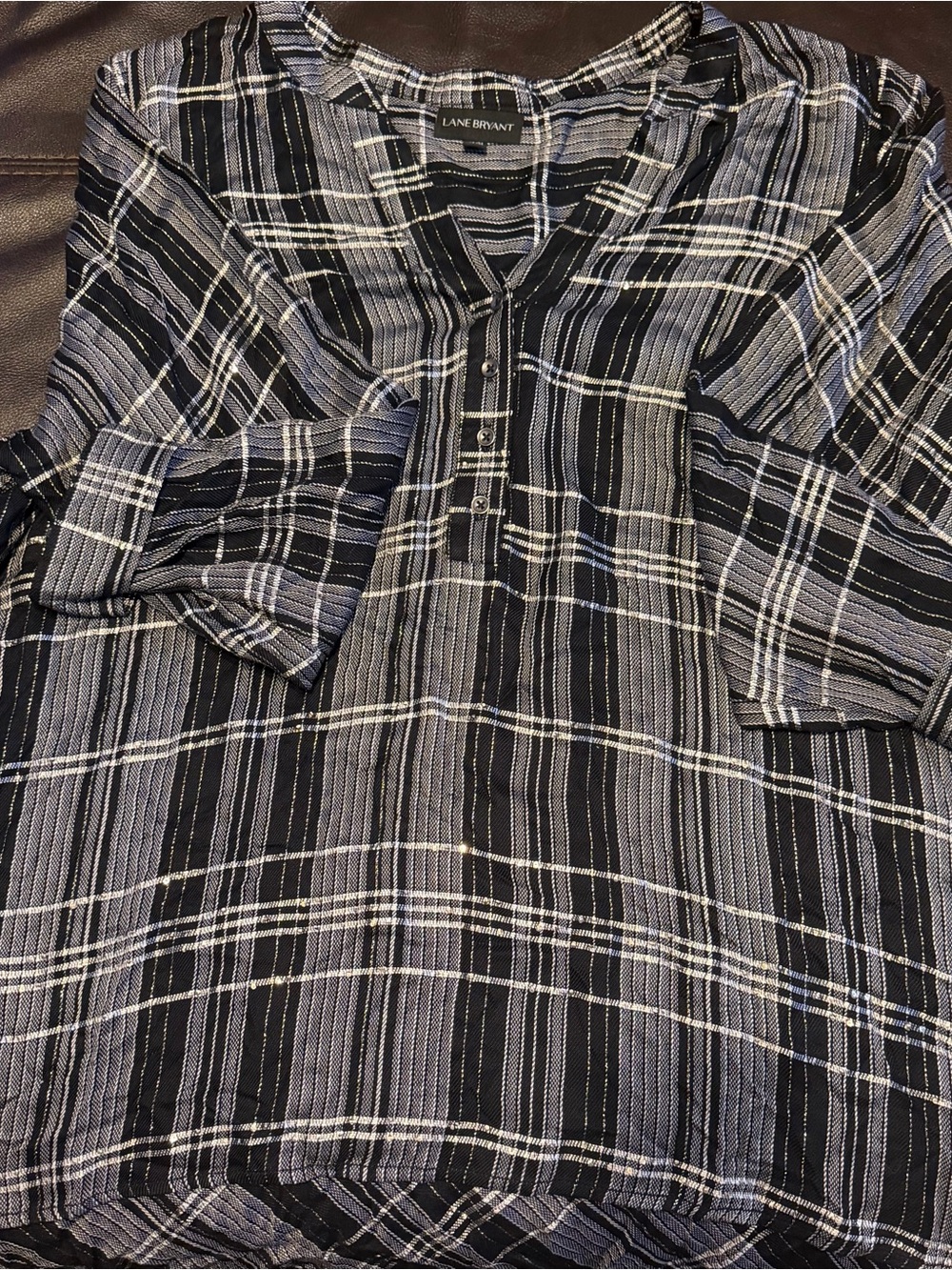 Lane Bryant Black and Gray Plaid Henley Top